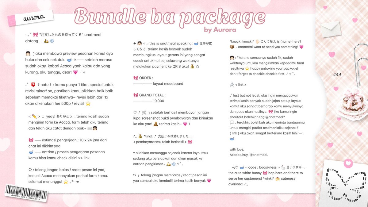 kyeomieyo's tweet image. please help repost, thanks! 🪷

hari gini belum punya wording package for BA? mager ngetik satu satu? yuk order aja di Aurora, diskon 10%. . 🎀💭 cek ALT yaah! 

( . . ♡ ) —— include : bio X, bio wabis, greetings, promosi, payment, after payment, thank you, dll

#zonauang