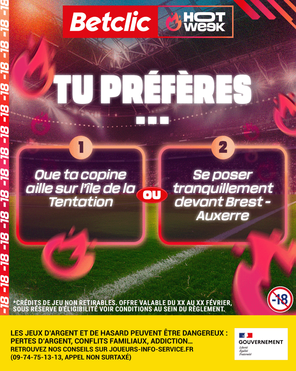 4ÈME DILEMME DE CETTE HOT WEEK ! 🔥

10 x 20€ de Freebets* à se partager pour cette question spéciale Saint-Valentin 💘

Réponds 1 ou 2 en commentaire + ton pseudo et #FreebetsBetclic pour tenter ta chance 🤝