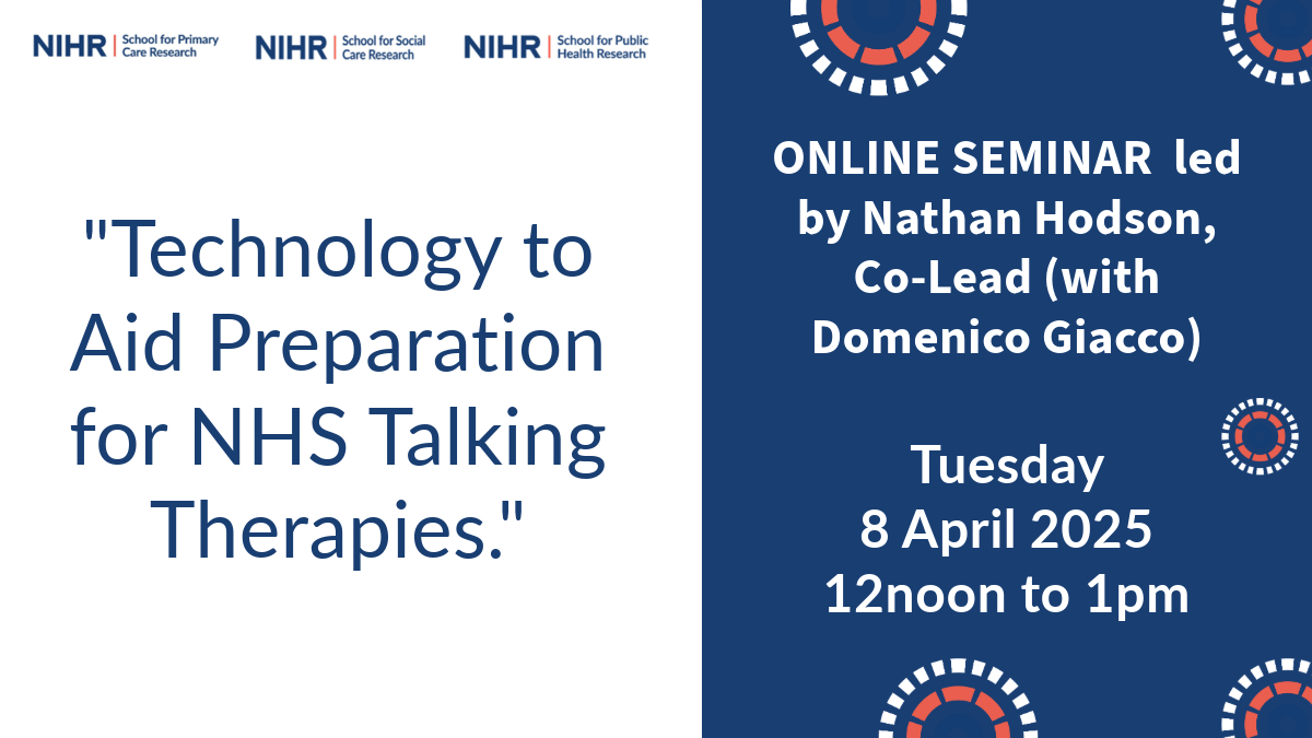 NIHR School for Primary Care Research (@nihrspcr) on Twitter photo Three Research Schools' Online Seminar | Technology to Aid Preparation for NHS Talking Therapies, 8 April 2025, 12 - 1pm: spcr.nihr.ac.uk/events/online-…
#MentalHealth #Research
<a href="/GeorginaSPCR/">Dr Georgina Fletcher</a> <a href="/Ashmore2009/">Claire Ashmore</a> Three Research Schools' Online Seminar | Technology to Aid Preparation for NHS Talking Therapies, 8 April 2025, 12 - 1pm: spcr.nihr.ac.uk/events/online-…
#MentalHealth #Research
<a href="/GeorginaSPCR/">Dr Georgina Fletcher</a> <a href="/Ashmore2009/">Claire Ashmore</a>
