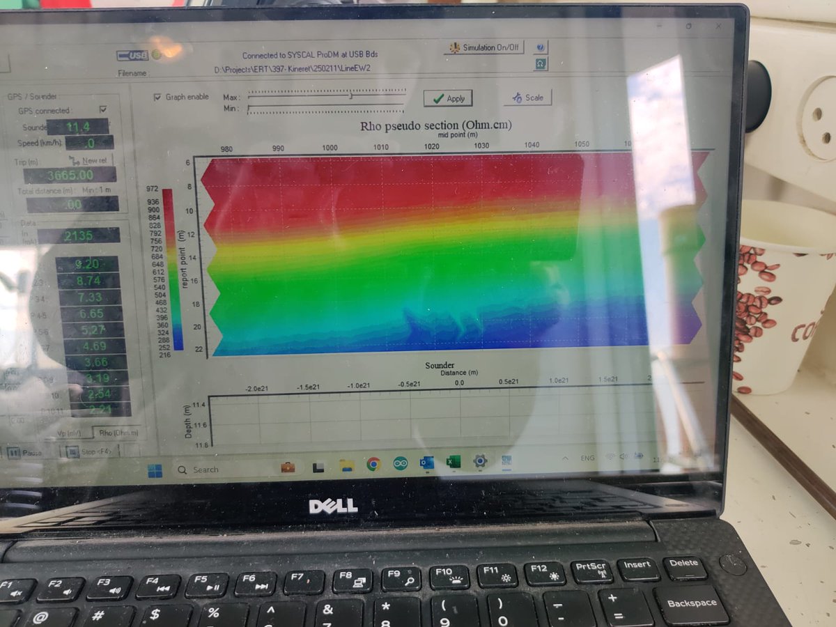 Just finished a 4 day cruise on #Lake_Kinneret (Sea of Galilee) towing an #ERT system that deciphered the electrical resistivity; hence, the water salinity below the lake bed. Super exciting being on the boat and watching live as the salinity is changing throughout the cruise.