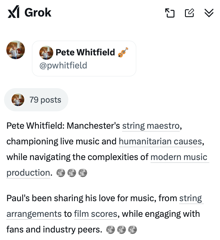 Grok can do a profile summary for you.   Does it get your name right?  Peter / Paul.  It's an honest mistake.