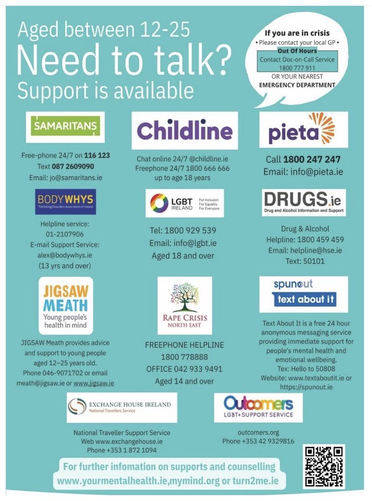 As we begin to unwind for the mid-term break, we would like to remind you of the external supports available. We wish everyone a restful February mid-term break.🥰