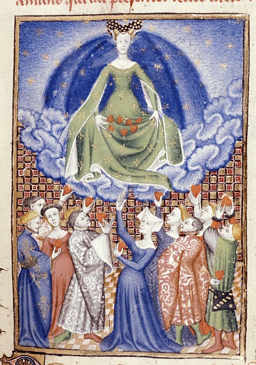 Women and men presenting their hearts to Venus
#ValentinesDay 
BL Harley 4431; Christine de Pizan; various works including 'L'Épître Othéa'; c.1410 CE-c. 1414 CE; France; f.100r <a href="/BLMedieval/">Medieval Manuscripts</a>
