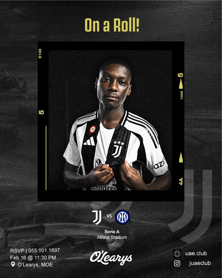 🚨 New Location 🚨

Join us on Sunday for the derby game to support #Juventus as we see Muani maintain his scoring streak 👀👀. 

Enjoy discounts at O’Learys Mall of the Emirates with the #JUAE family. 

#FinoAllaFine #WeAreYouth #ForzaJuve #Juve #MyDubai