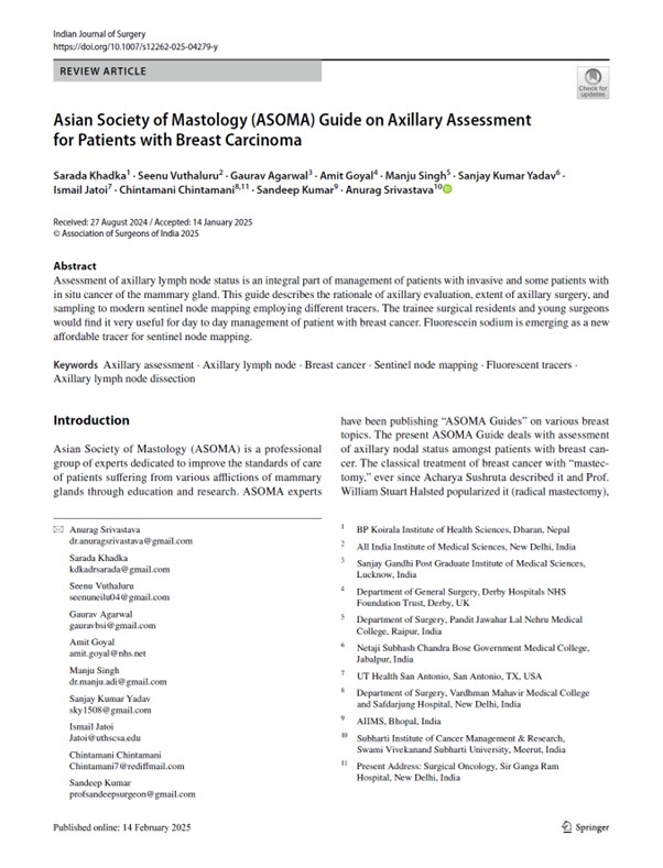 BreastSurgeonGA's tweet image. Publication Alert.
Asian Society of Mastology (ASOMA) Guide on Axillary Assessment for Patients with Breast Carcinoma, published online on 14th Feb 2025 in Indian Journal of Surgery #IJS #Axilla #AxillarySurgery #SLNB #breastcancer
10.1007/s12262-025-04279-y
@drskyind