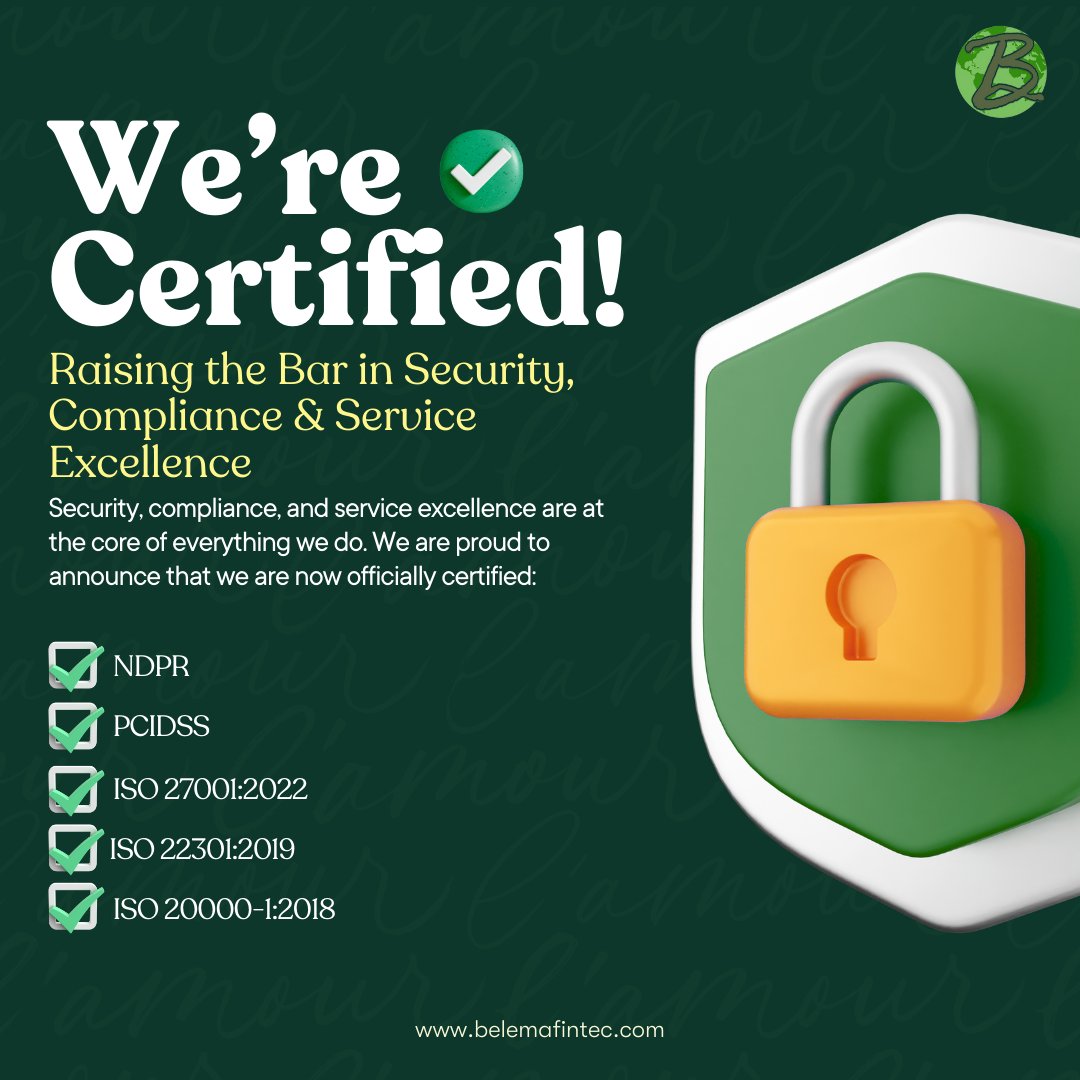 We're Certified! ✅

Raising the bar in security, compliance, and service excellence. With NDPR, PCIDSS, and ISO certifications, we are committed to the highest standards of data protection and operational resilience.
