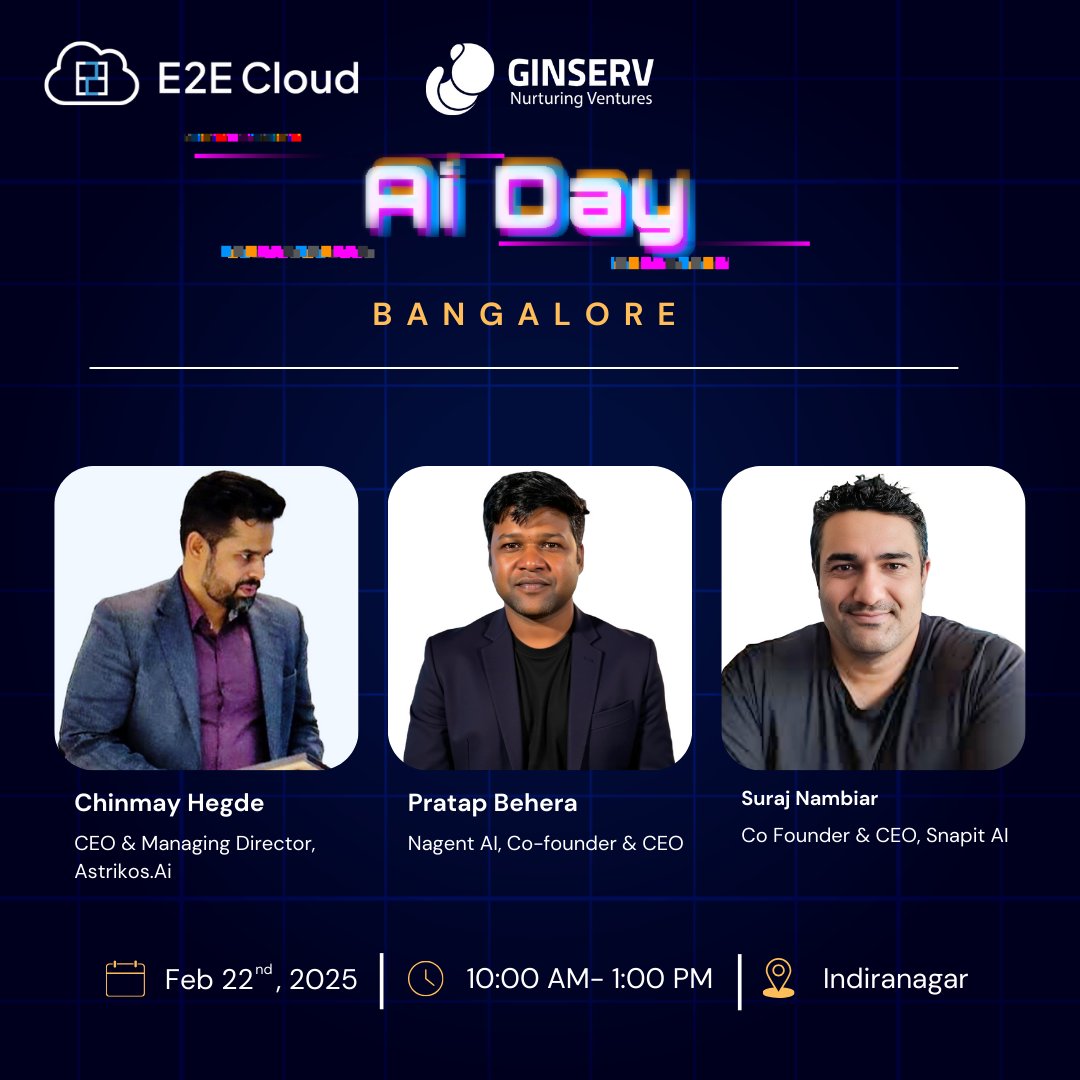 Revealing the Speaker Lineup of AI Day Bangalore!
Get ready to be inspired by three trailblazing leaders shaping the future of AI:

• Chinmay Hegde, CEO &amp; Managing Director of Astrikos.Ai

• Pratap Behera, Co-founder &amp; CEO of Nagent AI

• Suraj Nambiar, Co-Founder