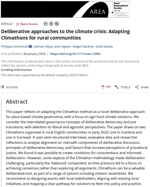 RGS-IBG Higher Ed (@rgs_ibghe) on Twitter photo 🔊New paper published in Area by <a href="/PippaSim/">Philippa Simmonds</a>, <a href="/DamianMaye/">Damian Maye</a>, Julie Ingram, Abigail Gardner, and <a href="/Sofia_Raseta/">Sofia</a> 🔊
'Deliberative approaches to the climate crisis: Adapting Climathons for rural communities'. #OpenAccess
doi.org/10.1111/area.1… 🔊New paper published in Area by <a href="/PippaSim/">Philippa Simmonds</a>, <a href="/DamianMaye/">Damian Maye</a>, Julie Ingram, Abigail Gardner, and <a href="/Sofia_Raseta/">Sofia</a> 🔊
'Deliberative approaches to the climate crisis: Adapting Climathons for rural communities'. #OpenAccess
doi.org/10.1111/area.1…