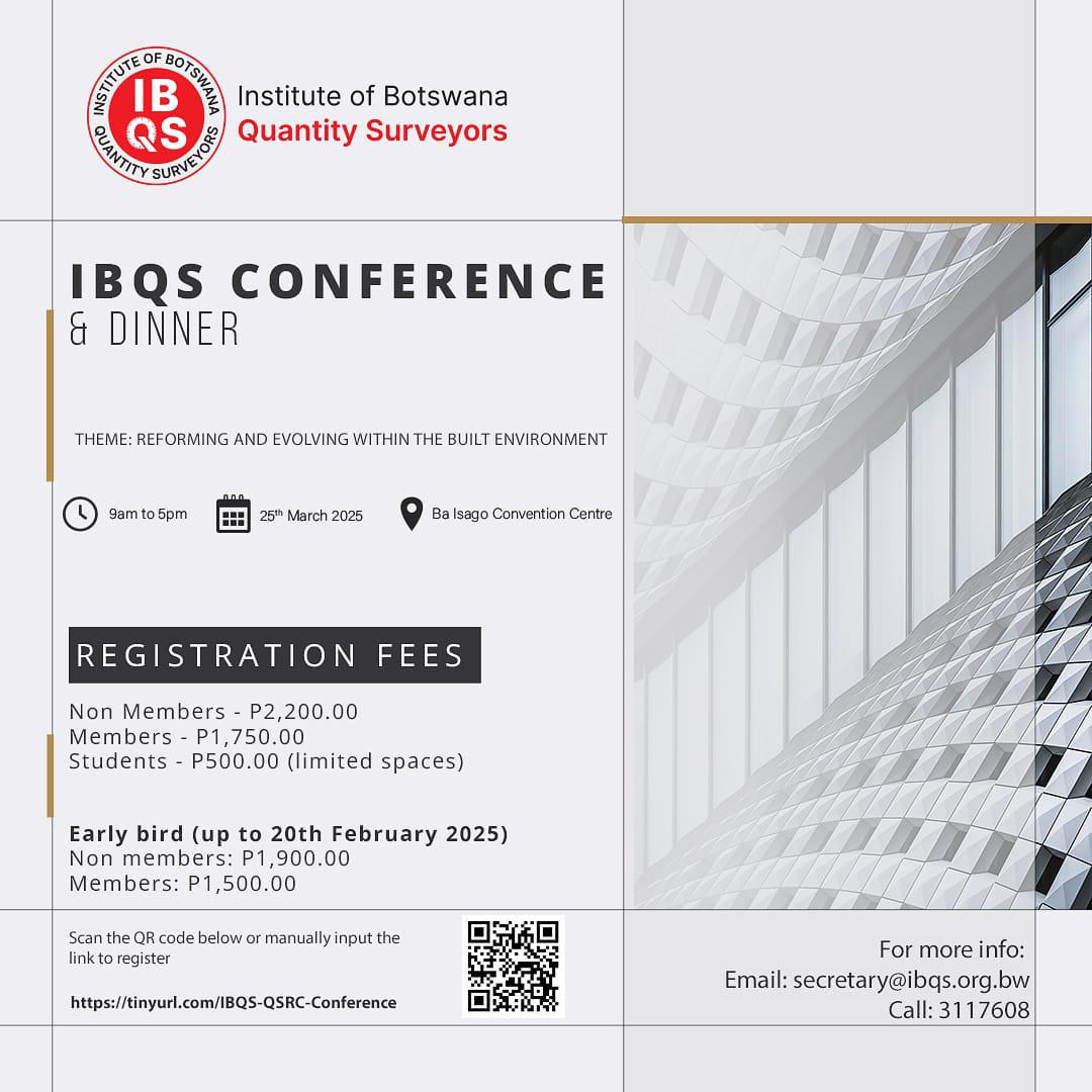 aak_qs's tweet image. Join IBQS on Mar 25 at Ba Isago Convention Centre for our Conference &amp;amp; Dinner, themed “Reforming &amp;amp; Evolving Within the Built Environment.” Network with experts &amp;amp; grab Early Bird rates before Feb 20. Secure your spot today! #AAK #QS #QuantitySurveying