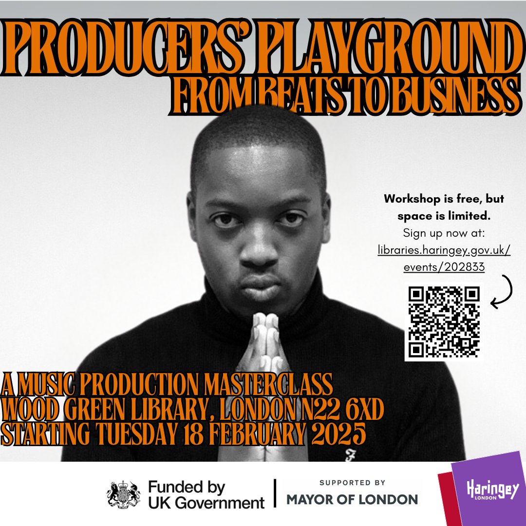 Join Wood Green Library for an exciting music production course led by <a href="/TheJasonJulian/">Jason Julian ߑ</a>. This masterclass is designed for young adults and covers both the creative and business aspects of music production.
Book your place now: libraries.haringey.gov.uk/events/202833