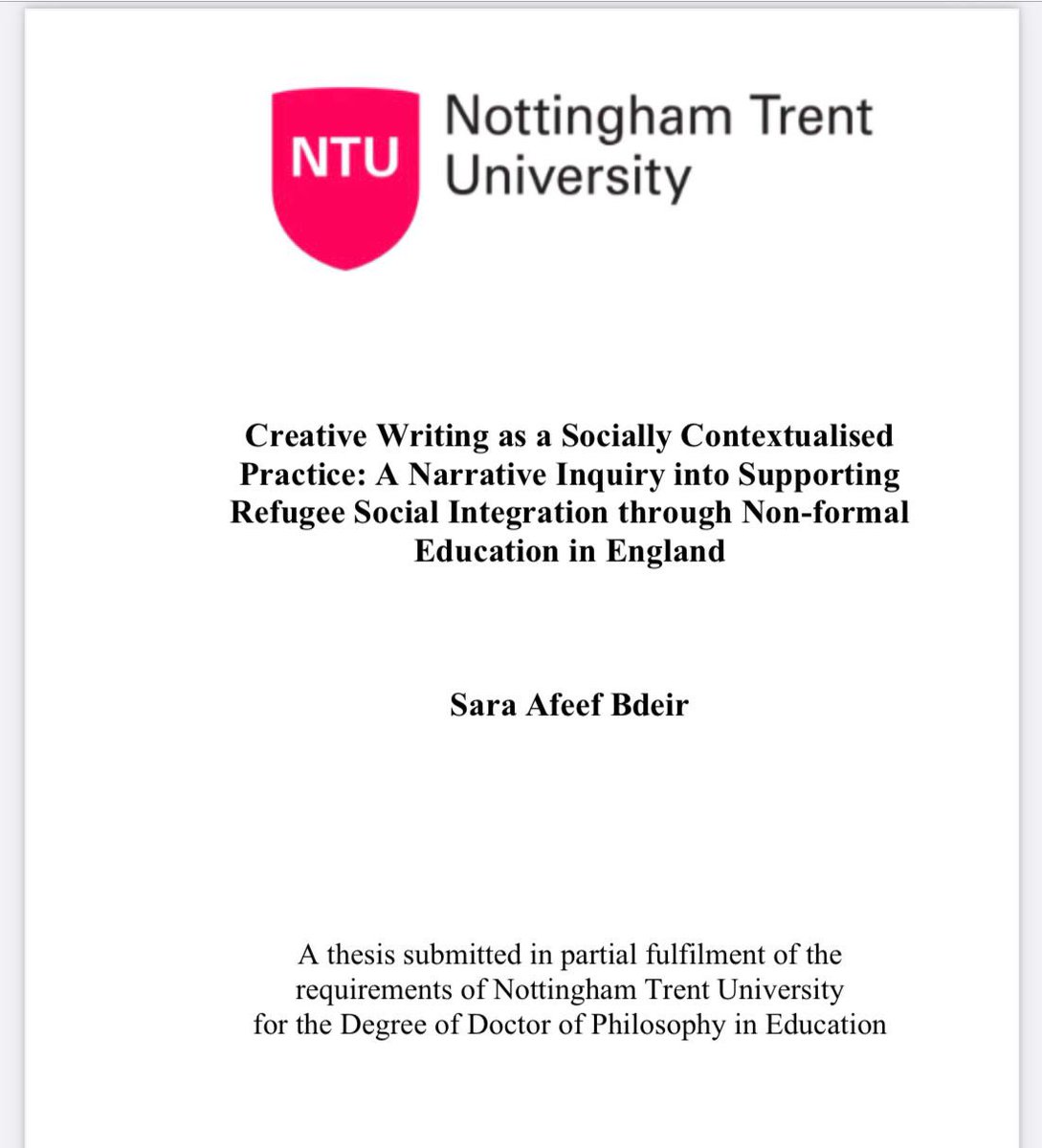 Sara (@sara_bdeir2) on Twitter photo Excited to share that I have successfully defended my PhD thesis in Education, focusing on refugee education in art groups @ntudoctoral <a href="/NTU_Ed/">Nottingham Trent University Institute of Education</a> 🎉
Thanks to my great supervisors <a href="/IrynaKushnir7/">Iryna Kushnir</a> , <a href="/Blerina_Kellezi/">Dr Blerina Këllezi</a> and Prof Phil Wood for their support 🥰 Excited to share that I have successfully defended my PhD thesis in Education, focusing on refugee education in art groups @ntudoctoral <a href="/NTU_Ed/">Nottingham Trent University Institute of Education</a> 🎉
Thanks to my great supervisors <a href="/IrynaKushnir7/">Iryna Kushnir</a> , <a href="/Blerina_Kellezi/">Dr Blerina Këllezi</a> and Prof Phil Wood for their support 🥰