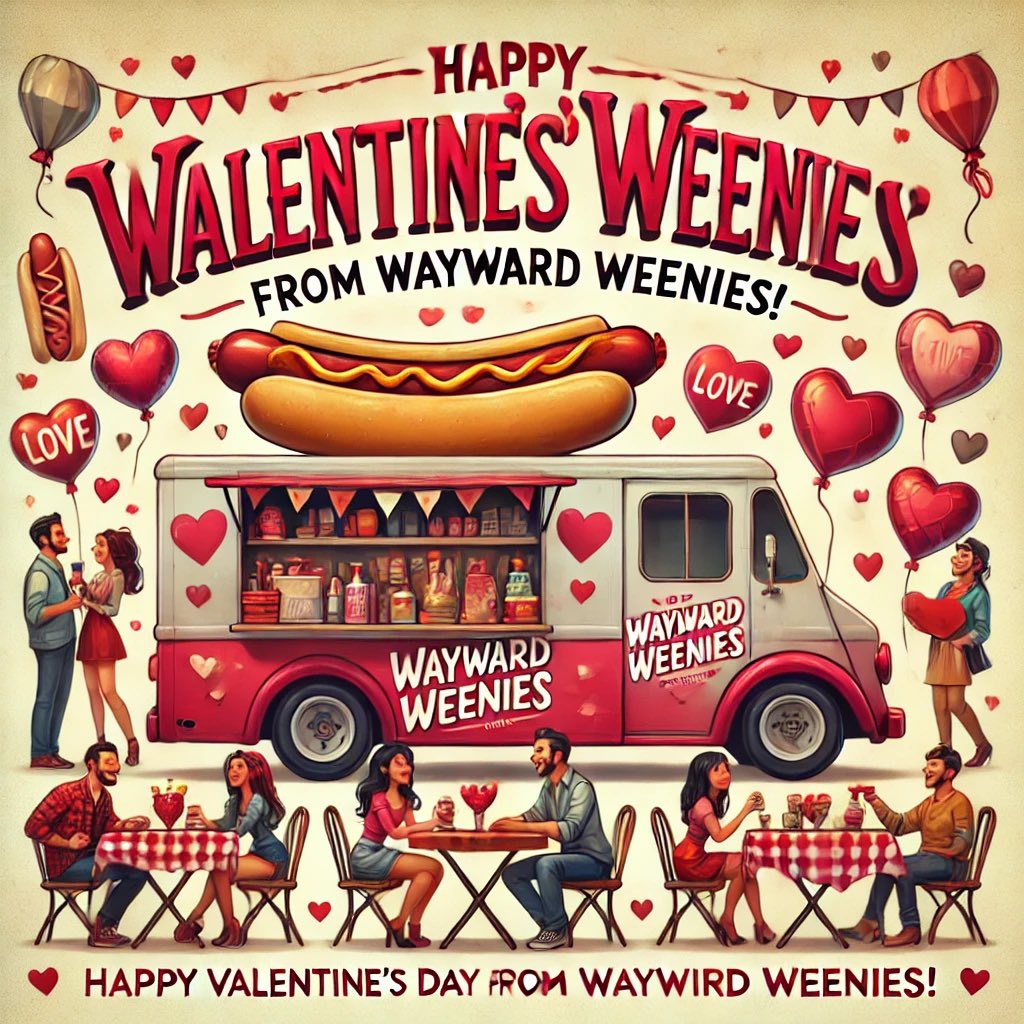 🌭 Happy Valentine’s Day from Wayward Weenies! 🌭

This Valentine’s Day, share the love—and a hotdog! Celebrate with heart-shaped hotdogs, good vibes, and the sizzling spirit of Wayward Weenies. Whether you’re with friends or your special Weenie, it’s all about love, fun, and