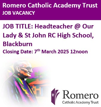 RomeroCAT1's tweet photo. 🌟 High School Headteacher opportunity 🌟 We have an opportunity for a dynamic and inspirational leader with a strong personal faith to guide and develop our ambitious school, Our Lady & St John RC High School.
https://t.co/kMu2TJiYyS
#RomeroCAT #HeadteacherOpportunity #OLSJ https://t.co/CHBnhuGubo