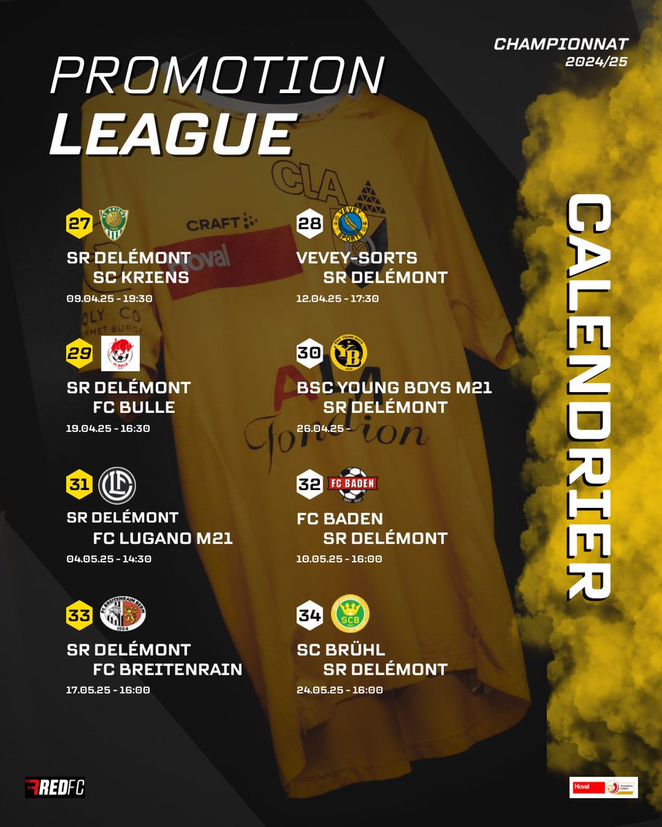 🗓️𝐂𝐀𝐋𝐄𝐍𝐃𝐑𝐈𝐄𝐑🗓️

𝐂´𝐞𝐬𝐭 𝐩𝐚𝐫𝐭𝐢 𝐩𝐨𝐮𝐫 𝐥𝐞 𝐝𝐞𝐮𝐱𝐢è𝐦𝐞 𝐭𝐨𝐮𝐫!💪

Retrouvez toutes les dates et soyez prêts à vibrer avec nous.
Notez bien les dates, chaque match compte.🔥⚽

💛ALLEZ DELÉMONT🖤