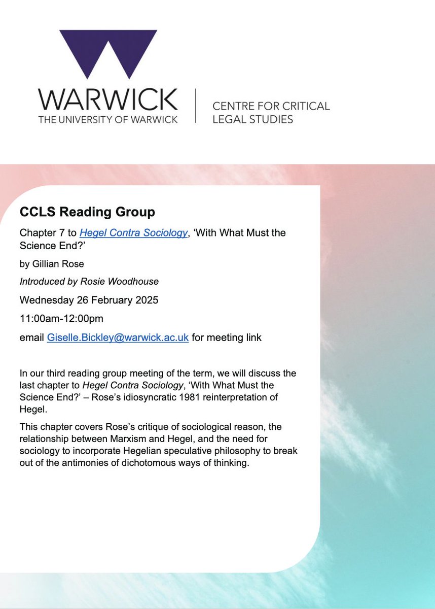 Centre for Critical Legal Studies (@warwickccls) on Twitter photo Our next Gillian Rose reading group is on 26th Feb (on Teams) We'll be discussing Chapter 7 of Hegel Contra Sociology. Introduced by Rosie Woodhouse. <a href="/Warwick_Law/">Warwick Law School</a> <a href="/WarwickCCLS/">Centre for Critical Legal Studies</a> <a href="/HRDCCarvalho/">Henrique Carvalho</a> All welcome Our next Gillian Rose reading group is on 26th Feb (on Teams) We'll be discussing Chapter 7 of Hegel Contra Sociology. Introduced by Rosie Woodhouse. <a href="/Warwick_Law/">Warwick Law School</a> <a href="/WarwickCCLS/">Centre for Critical Legal Studies</a> <a href="/HRDCCarvalho/">Henrique Carvalho</a> All welcome