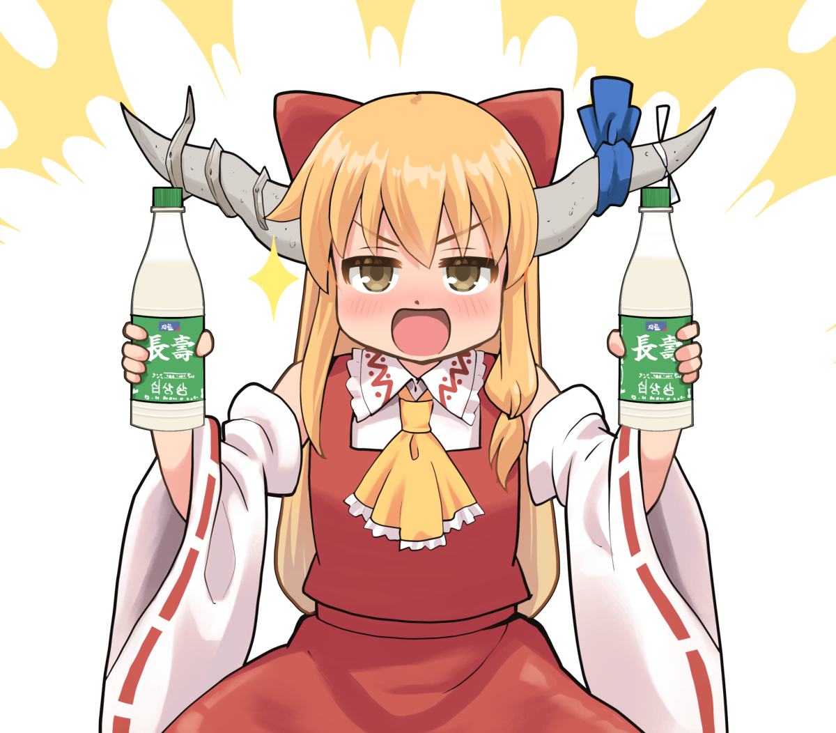 博麗霊夢 ,伊吹萃香 「#skeb で、韓国での酒持ちZUNさんを巫女萃香で描いてほしいとのリクエストを」|葉庭＠のイラスト