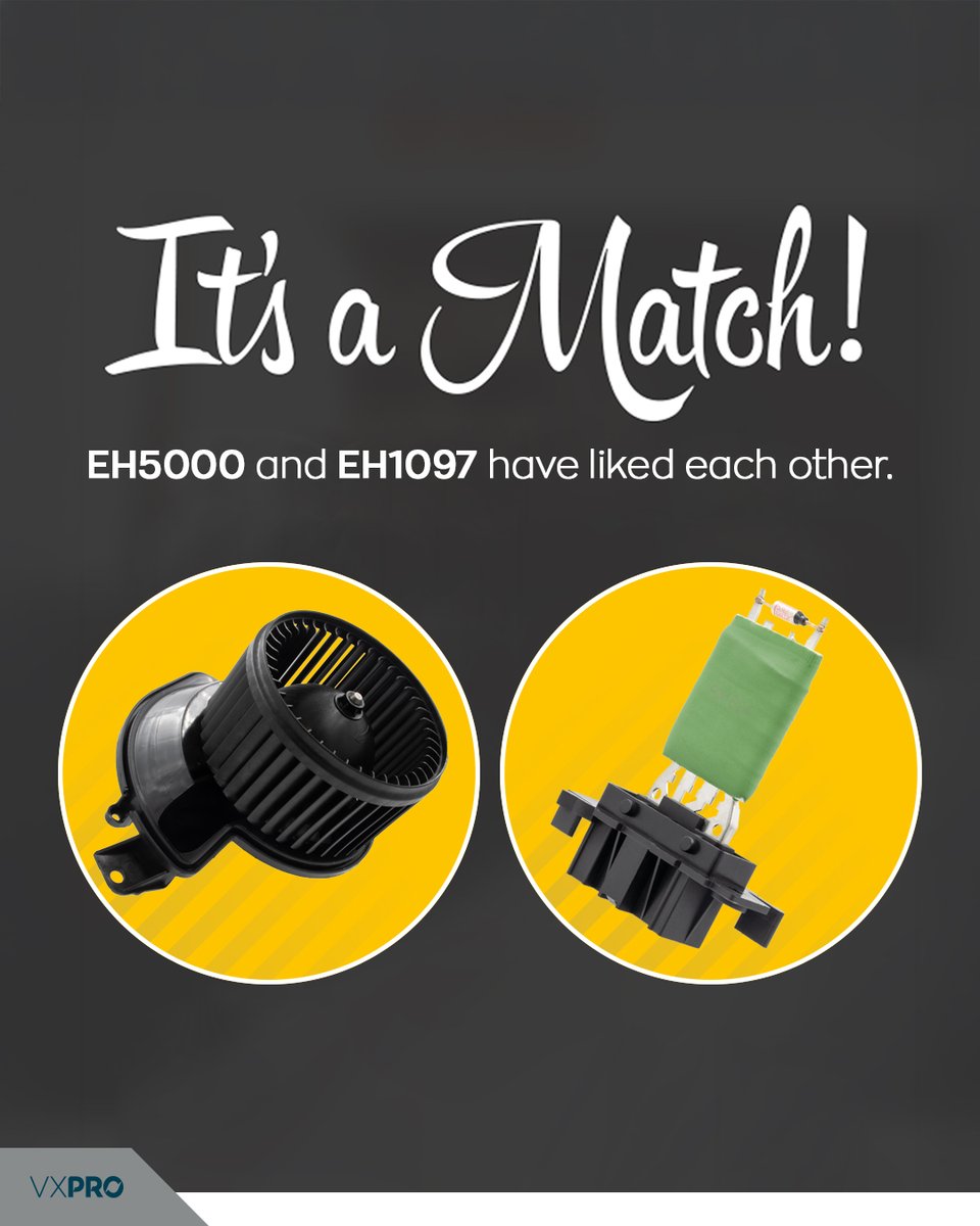 EltaAutomotive's tweet photo. It’s a Match! 🔥❄️💘

Swipe right for the perfect pair—VXPRO EH5000 Heater Motor &amp; EH1097 Resistor! 🛻💨

They bring the heat when you need it most because no one wants a cold shoulder on Valentine’s Day. 😉❤️

#ValentinesDay #SwipeRight #StayWarm https://t.co/QuKAigdGCc