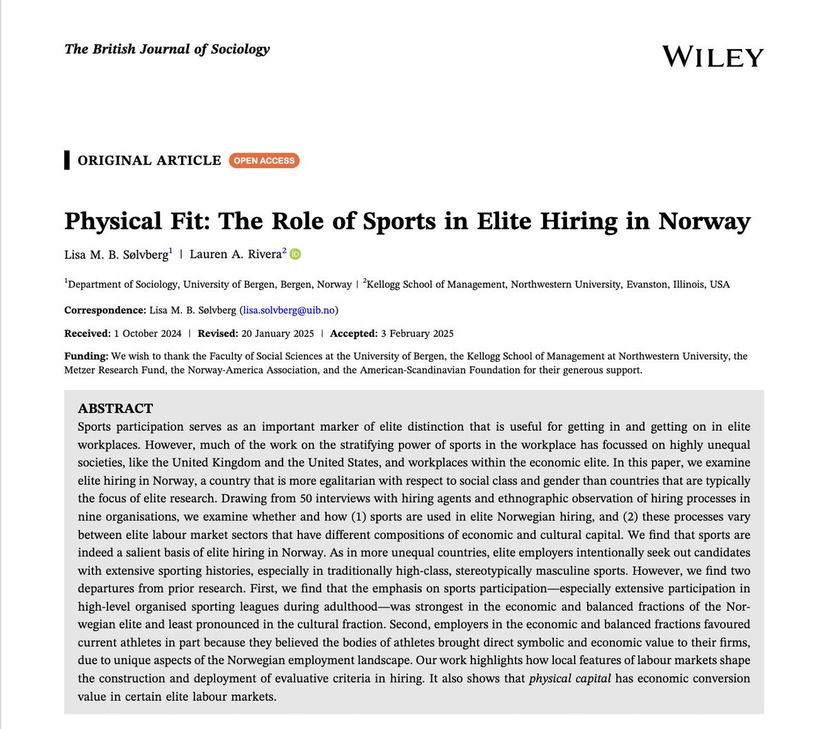 LisaSolvberg's tweet photo. New paper in @BJSociology with the wonderful @Laurenaudrie on sports in elite hiring in Norway. We find that elite employers screen heavily on sports, especially those that are high-class, stereotypical masculine, and performed at a high level. 

https://t.co/INJucR51il https://t.co/SitKezY7na