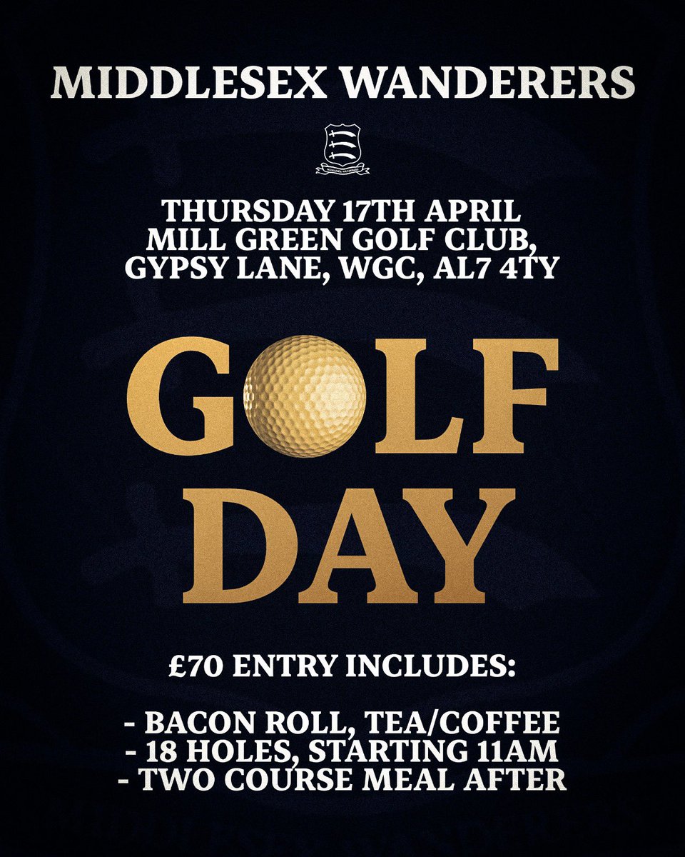 Middlesex Wanderers AFC (@afcmiddlesex) on Twitter photo ⛳️ | Middlesex Wanderers Golf Day.
This April sees us at <a href="/MillGreenGC/">The Club At Mill Green</a> on Thursday 17th April.
- Bacon Rolls with Tea or Coffee.
- Tee off at 11am, 18 holes.
- Two Course Meal after the round.
£70 entry.
Please contact us via DM or Harry Collison on 07484283196. ⛳️ | Middlesex Wanderers Golf Day.
This April sees us at <a href="/MillGreenGC/">The Club At Mill Green</a> on Thursday 17th April.
- Bacon Rolls with Tea or Coffee.
- Tee off at 11am, 18 holes.
- Two Course Meal after the round.
£70 entry.
Please contact us via DM or Harry Collison on 07484283196.