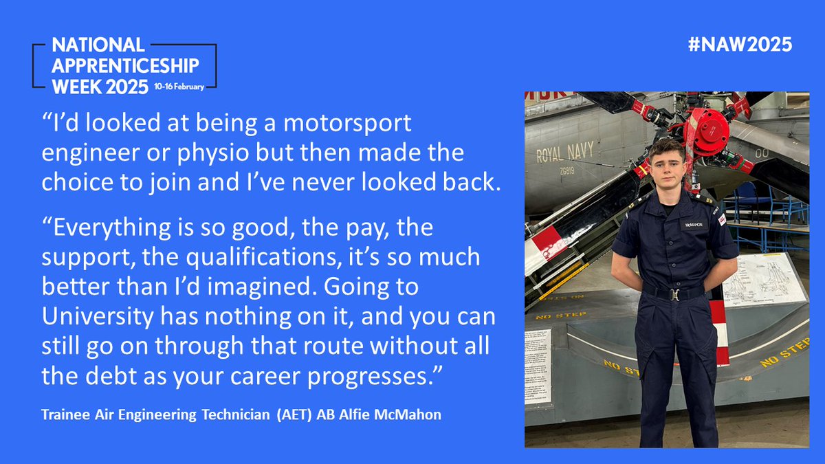 HMSsultan's tweet photo. #Apprentices like Air Engineering Technician Alfie have taken the opportunity to earn while they learn.
A 'Top 100 Apprenticeship Employer', ranked no.3 (2024), the @RoyalNavy offers 23 apprentices across all branches.
#NAW2025 #SkillsForLife #GetInGoFar @Apprenticeships https://t.co/qJ9VaTmfZA