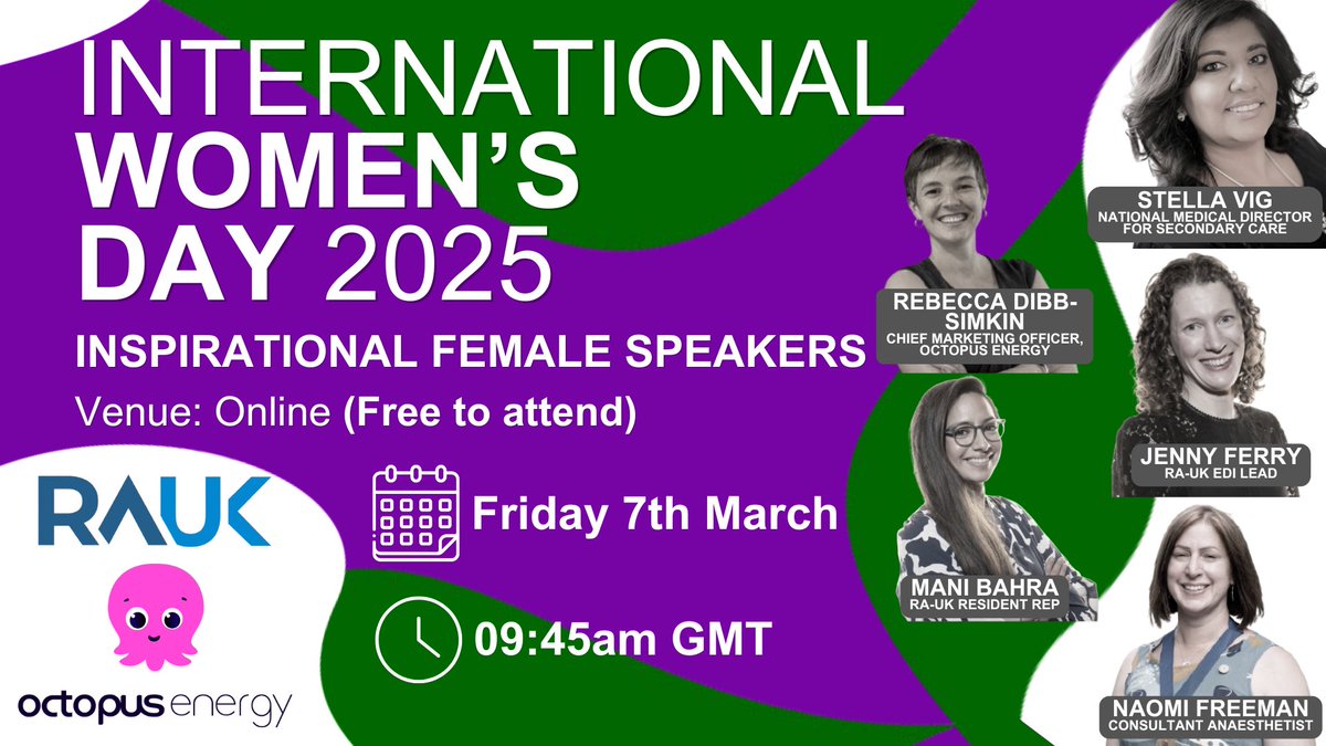 We’ve partnered with <a href="/OctopusEnergy/">Octopus Energy</a> this #IWD2025 to create a webinar free for everyone!

Join inspirational speakers <a href="/dibb_simkin/">Rebecca Dibb-Simkin</a>  <a href="/svig2/">Stella Vig #NHS</a> and <a href="/DrNFreeman/">Naomi Freeman</a>

Chaired by our EDI Lead <a href="/Jennythatcanbl1/">Jennythatcanblock</a> &amp; Resident Rep <a href="/manpreet_bahra/">Mani Bahra</a> 

🗓️ Friday 7th March 2025
⌚️ 09:45 GMT
💻 Online