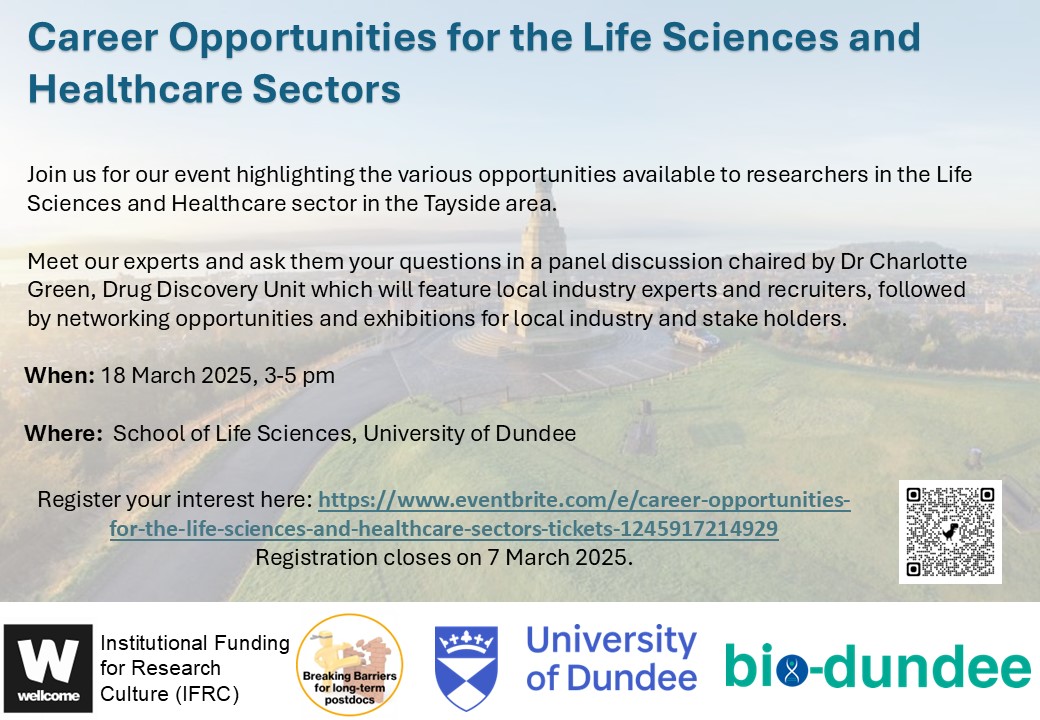 SLS Research Staff Association, UoD (@slsrsa_uod) on Twitter photo Join us for our event highlighting the various opportunities available to researchers in the Life Sciences and Healthcare sector in the Tayside area.
When: 18 March, 3 – 5:30pm
Where: <a href="/UoDLifeSciences/">UoD Life Sciences</a>
For more information and to register your free place:
eventbrite.com/e/career-oppor… Join us for our event highlighting the various opportunities available to researchers in the Life Sciences and Healthcare sector in the Tayside area.
When: 18 March, 3 – 5:30pm
Where: <a href="/UoDLifeSciences/">UoD Life Sciences</a>
For more information and to register your free place:
eventbrite.com/e/career-oppor…