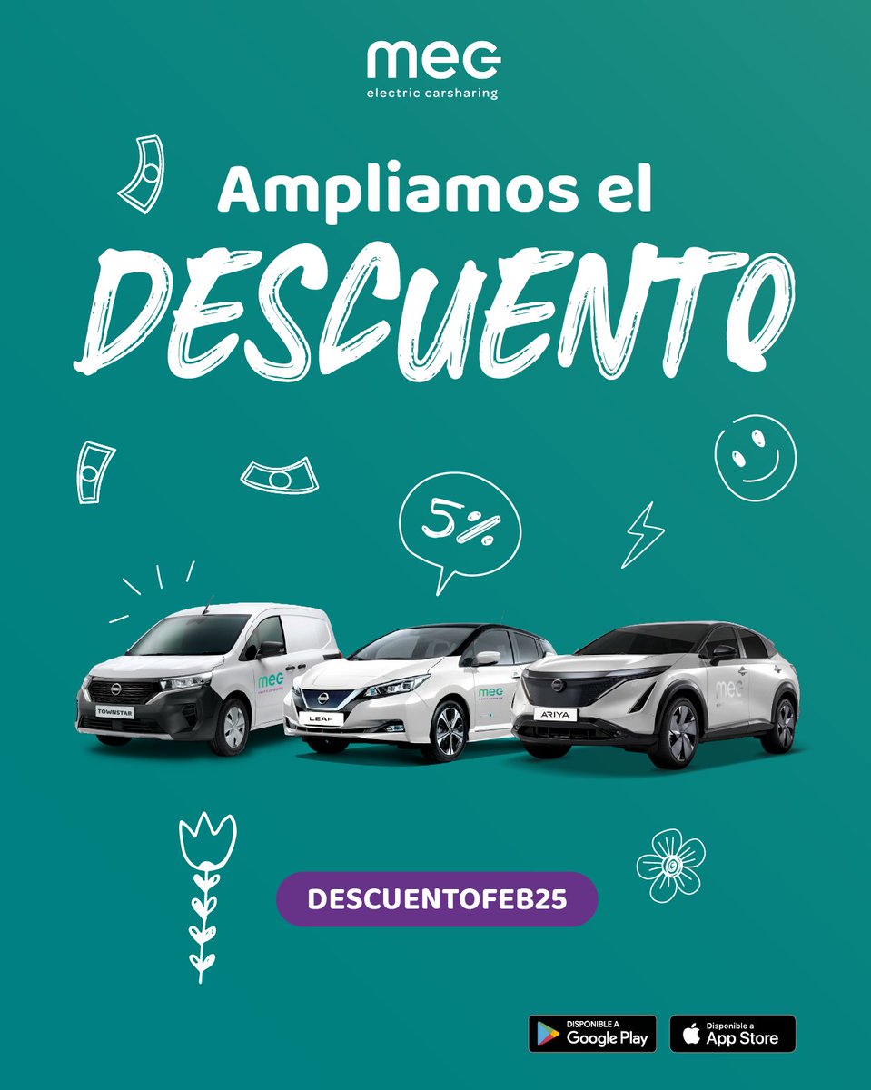 Recuerda que hemos ampliado nuestra #promoción especial 🤭💚:

¡Disfruta de un 5% de descuento en todas tus reservas con #MEC, ahora hasta el 28 de febrero!

Aprovecha esta oportunidad para moverte de manera #sostenible, económica y cómoda 🌱💨

#Ahorro #Carsharing #ElectricCar