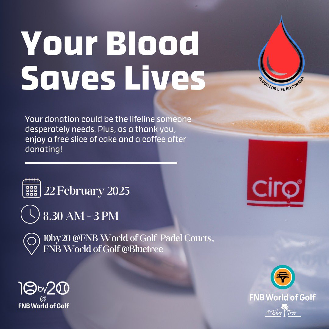Happy Valentine’s Day Lovers 
♥️♥️♥️♥️♥️♥️♥️♥️♥️♥️♥️
Free Cake 🎂 And Free Coffee ☕️ in the name of love and blood donation at the 10by20 World of Golf Padel Courts , Bluetree , Gaborone ; 22nd February from 08:30am.