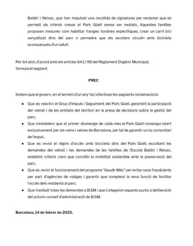 Continuem lluitant per un Park Güell que sigui pel veïnat i no exclusivament per turistes. La pròxima setmana portem a la Comissió d'Economia les reivindicacions de la plataforma <a href="/RecupParkGuell/">Recuperem Park Güell</a>. Com per exemple, l'ús exclusiu del parc un diumenge.  @graciaencomu