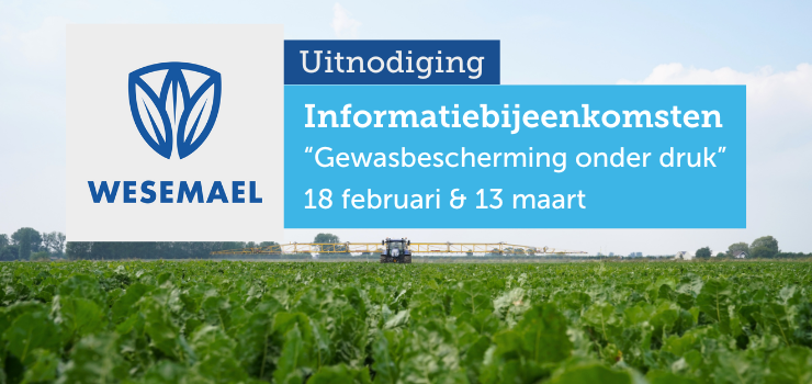 Wij organiseren twee informatiebijeenkomsten in Kwadendamme en Hulst met de titel ‘Gewasbescherming onder druk’.  Komt u ook? Meld u aan door uw naam en de bijeenkomst waaraan u deelneemt te sturen naar info@wesemael.nl. Meer informatie in onze agenda op wesemael.nl