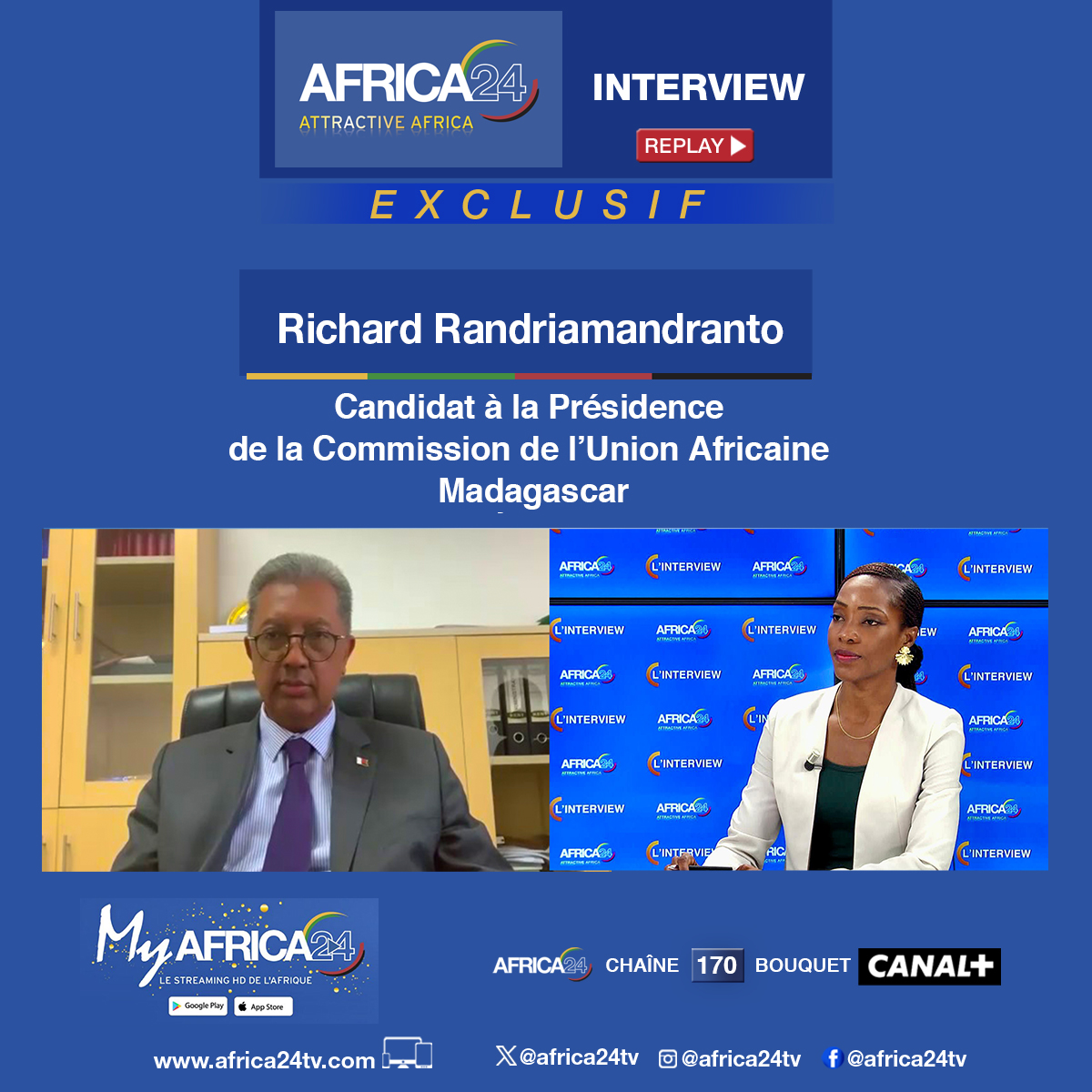 AFRICA24TV's tweet image. AFRICA24 -  Exclusif - 38ème Sommet UA  #Addis-Abeba (🇪🇹#Ethiopie) 

@RichardJRand, ancien ministre des Affaires étrangères de Madagascar et candidat à la présidence de la Commission de l' @_AfricanUnion.  

Dans cet entretien accordé à Africa24, Richard Randriamandrato