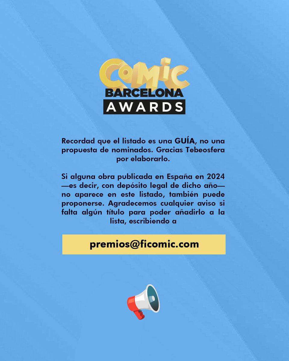 COMIC_bcn's tweet photo. Abrimos la convocatoria de los Premios #ComicBarcelona 🏆, cuyo objetivo es la promoción y reconocimiento de nuestros/as autores y autoras, sin olvidar el apoyo a la labor de las editoriales que apuestan por su obra.
⚠️ La ronda profesional permanecerá abierta hasta el 𝟮𝟯 𝗗𝗘 𝗙𝗘𝗕𝗥𝗘𝗥𝗢. Si tienes dudas, puedes consultar las bases con la información ampliada en la web https://t.co/1LMwFy73wJ
