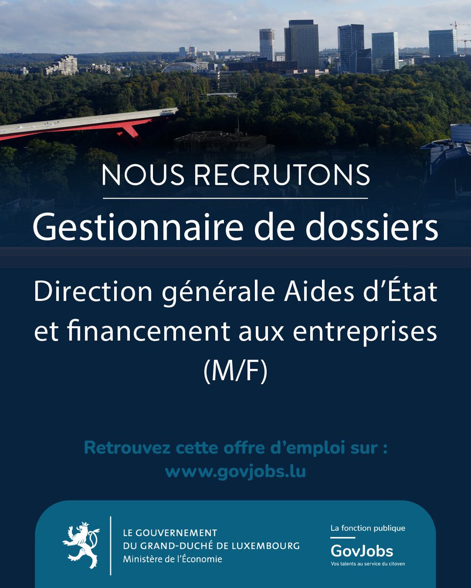#Job Mir sichen en(g) Gestionnaire de dossiers an der Direction générale Aides d’État et financement aux entreprises – Cellule Support Service an der Karriär B1 am CDD. Dir sidd interesséiert? Dann mellt iech op de Posten als Employé(e)👉🏻gd.lu/5p7f4z bis den 28/02/2025