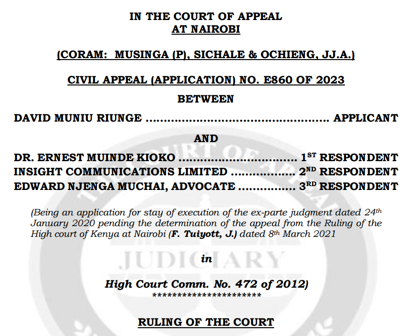 LegalEasy_KE's tweet photo. DAVID RIUNGE v DR.  KIOKO
CIV APPEAL (APP) E860/2023

Stay of execution pending appeal may be granted where execution involving committing the Applicant to Civil jail would render the appeal nugatory because loss of freedom cannot be adequately compensated if the appeal succeeds. https://t.co/sH4Z0qBJD8