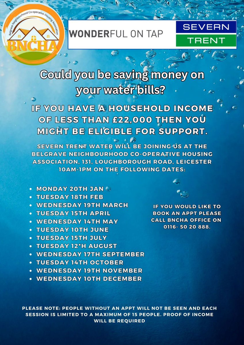Belgrave Neighbourhood Co-op Housing Association (@belgravecoop) on Twitter photo Could you be saving on your water bills? 
If your household income is under £22,000, you might be eligible for support!
📅 Next session: Tuesday 18th of Feb
📍 BNCHA, Leicester | 10 AM - 1 PM
 Book now at 0116-50 20 888. Could you be saving on your water bills? 
If your household income is under £22,000, you might be eligible for support!
📅 Next session: Tuesday 18th of Feb
📍 BNCHA, Leicester | 10 AM - 1 PM
 Book now at 0116-50 20 888.