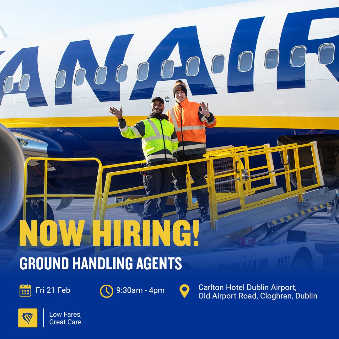 🚨 Ryanair Recruitment Open Days 🚨
📍 Carlton Hotel Dublin Airport, Old Airport Road, Cloghran, Dublin
📅 Fri 21st &amp; Fri 28th Feb 2025
🕒 9:30am - 4:00pm
🎯 Role: Ground Handling Agent (Full-time, ongoing contracts)