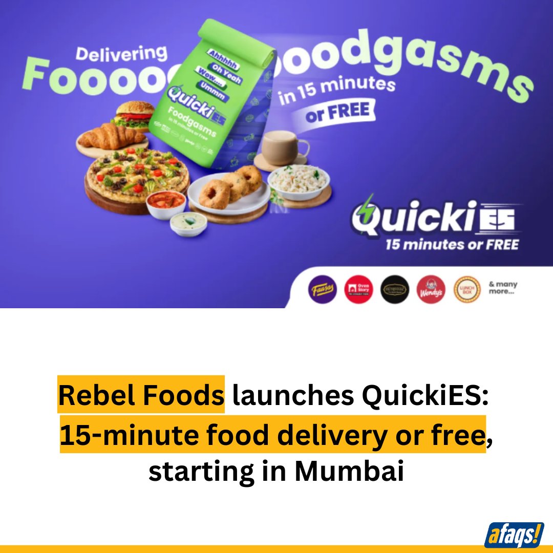 Rebel Foods has announced the launch of QuickiES, a ‘15-minute or free’ food delivery app in Mumbai. 
More here: bit.ly/411bXKs

#rebelfoods #advertising #marketing #fooddelivery
