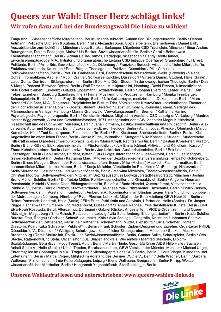 Wow. Damit hatten wir nicht gerechnet: 111 Queers sind Erstunterzeichner*innen eines Wahlaufrufs für <a href="/dielinke/">Die Linke</a>! Zahlreiche Aktivist*innen, unterschiedlichste Berufe, von 18 bis 78 Jahren – und eine hohe Promidichte. Seht selbst und unterschreibt: queers-wählen-links.de