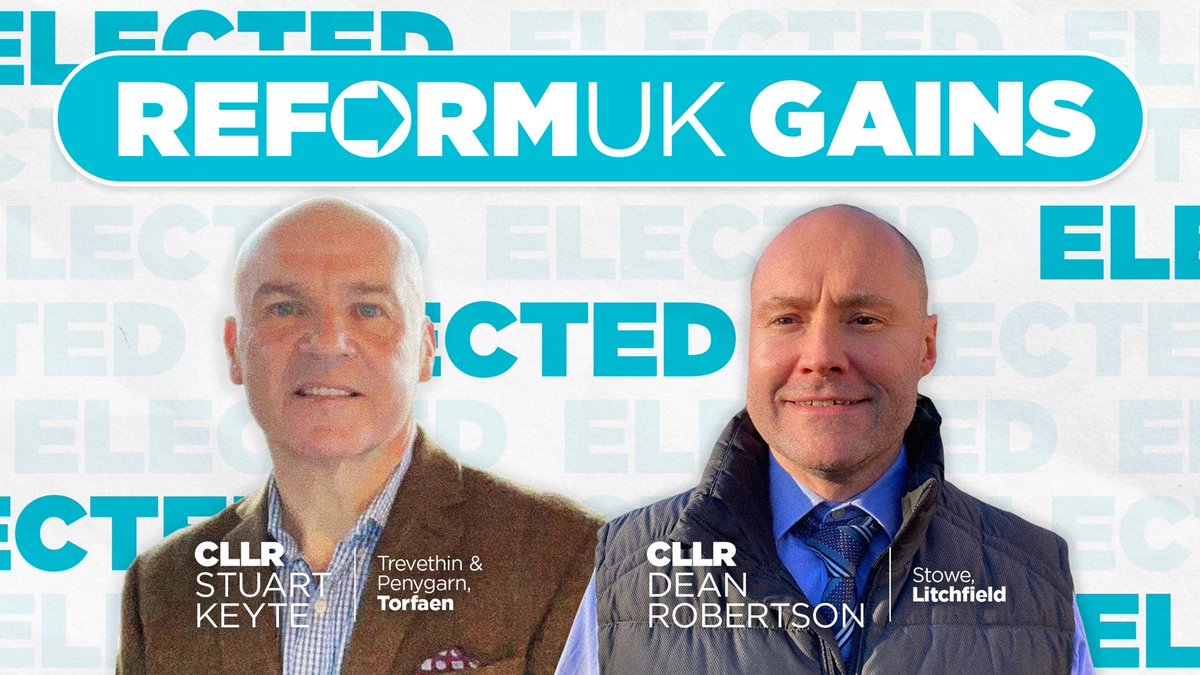 Congratulations to Cllrs Keyte and Robertson, who secured two Reform UK gains in council by-elections in Torfaen and Lichfield last night!

Reform stands ready to take on the failed old parties in the local elections in May.