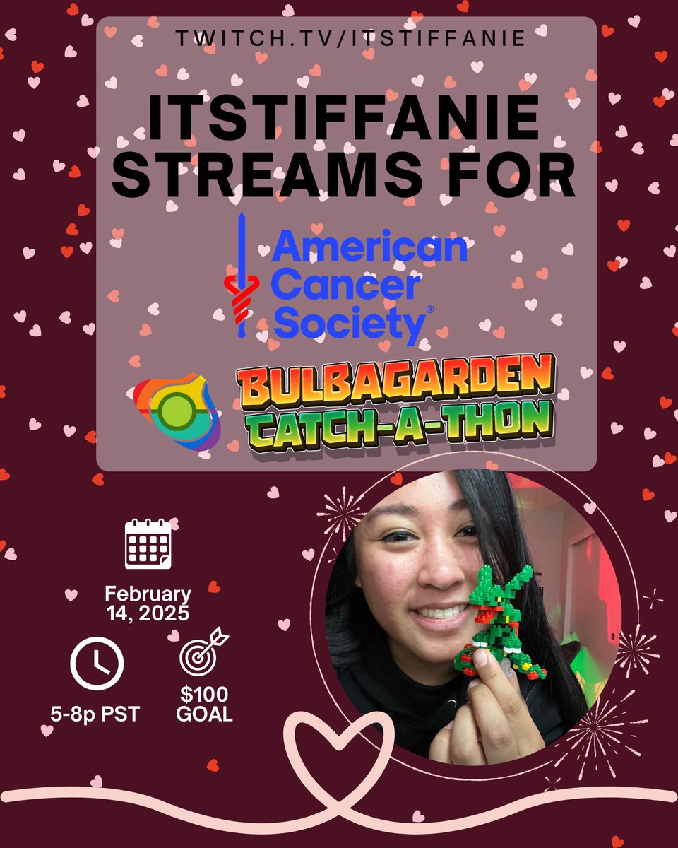 ayyitstiffanie's tweet photo. 💞 Happy Valentine’s Day! 💌

TONIGHT, Fri Feb 14 @ 5-8pm PST I’m fundraising for @AmericanCancer Society with @Bulbagarden ‘s Catch-A-Thon! 🌟

Anyone can participate! 💜

#charitystream #pokemonstreamer #bulbagarden #bulbapedia #catchathon #acs #americancancersociety https://t.co/gBR5CH9kf4