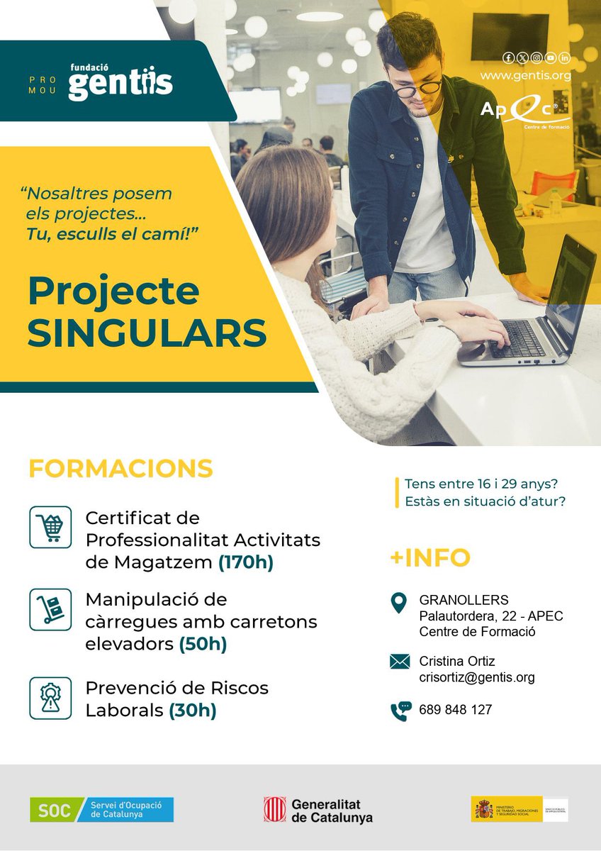 PROJECTE SINGULARS A #Granollers   

Tens entre 16 i 29 anys? Estàs en situació d'atur? ✍️ 

Si necessites més informació i/o vols apuntar-te, contacta a:  

💻 crisortiz@gentis.org
📞 689 848 127 

<a href="/ocupaciocat/">Ocupació</a>