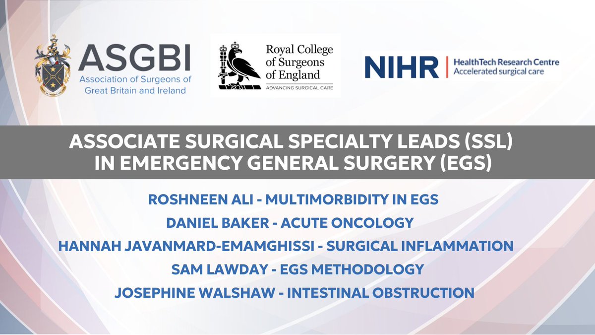 We are pleased to announce the appointment of five Associate Surgical Specialty Leads in EGS.   Congratulations on your appointments and welcome to the team!

⭐️ Roshneen Ali  - Multimorbidity in EGS
⭐️ Daniel Baker - Acute Oncology
⭐️ Hannah Javanmard-Emamghissi - Surgical