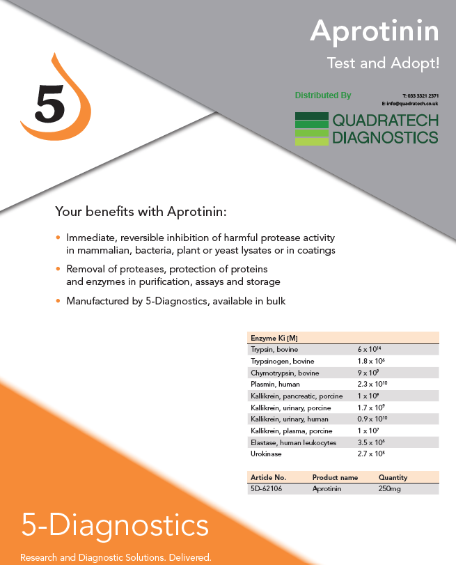 QuadratechUK's tweet photo. 🔎 Product Spotlight! 5-Diagnostics Aprotinin. 
Test and adopt for immediate and reversable removal of proteases, protection of proteins and enzymes in purification, assays, and storage. https://t.co/24ZuUNgeoX https://t.co/kAIKuOlb6t