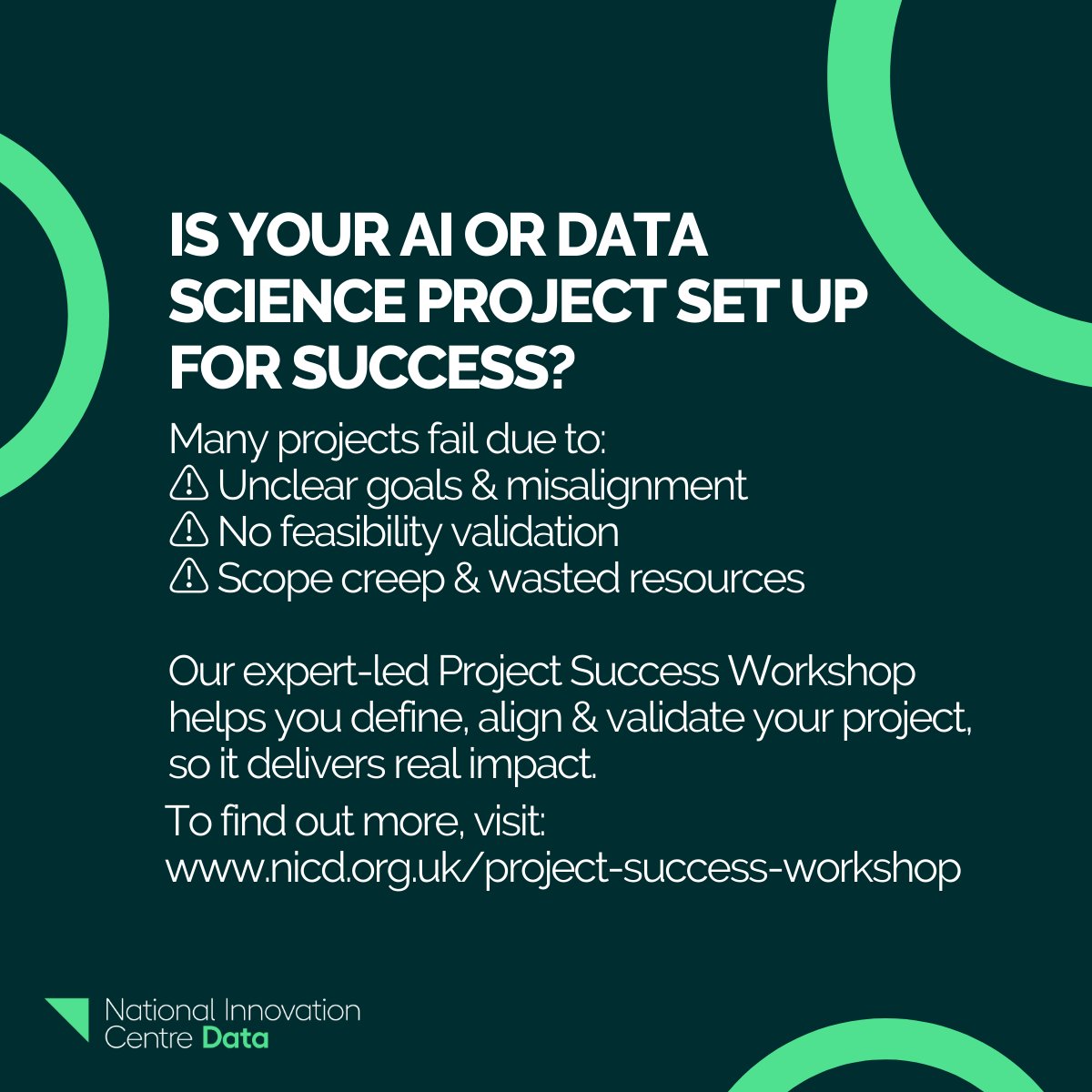 ❌ Many AI &amp; data projects fail due to poor planning &amp; misalignment.

✅ Our Project Success Workshop helps you define clear goals, validate feasibility &amp; set your project up for real impact.

📅 Don’t risk wasted time &amp; resources—sign up today!
🔗 bit.ly/projectsuccess…