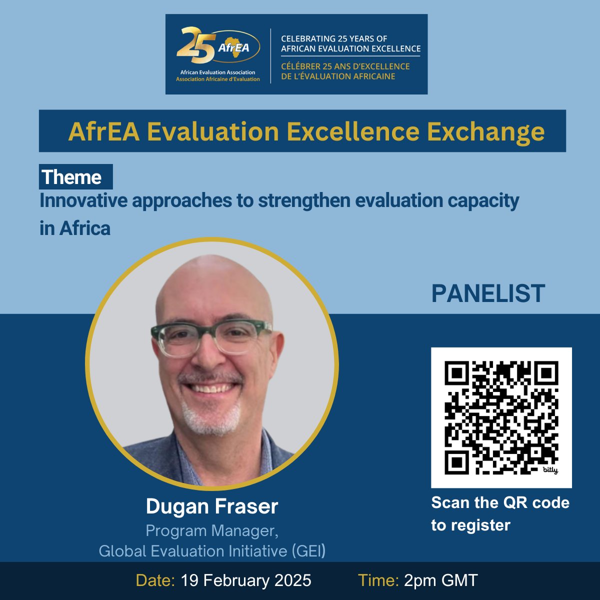 African Evaluation Association (@tweet_afrea) on Twitter photo Join us on Wednesday 19 February 2025 from 2pm GMT to 3:30pm GMT as <a href="/duganfraser1/">duganfraser</a> of <a href="/GEI_GlobalEval/">Global Evaluation Initiative</a> one of three panelists, discusses global opportunities and perspectives related to capacity building in evaluation.
Our February webinar will take place under the theme; Join us on Wednesday 19 February 2025 from 2pm GMT to 3:30pm GMT as <a href="/duganfraser1/">duganfraser</a> of <a href="/GEI_GlobalEval/">Global Evaluation Initiative</a> one of three panelists, discusses global opportunities and perspectives related to capacity building in evaluation.
Our February webinar will take place under the theme;