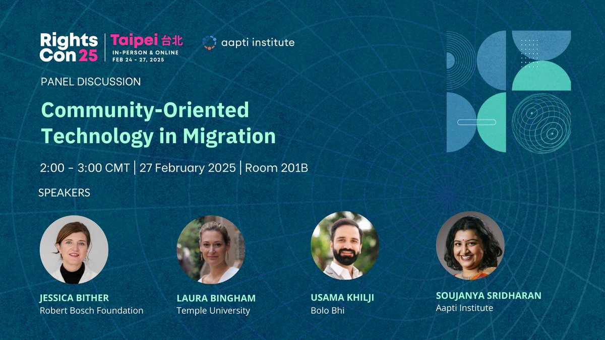 aaptiinstitute's tweet image. Join us for a panel discussion at #RightsCon25 on Community-Oriented Technology in Migration!
🕑 2:00 - 3:00 pm
🗓️ 27 Feb
📍Room 201B
We'll be speaking to @jessicabither, @laurambing, @UsamaKhilji and @Souj_Sridharan on tech as a tool for control and as a means of resistance!