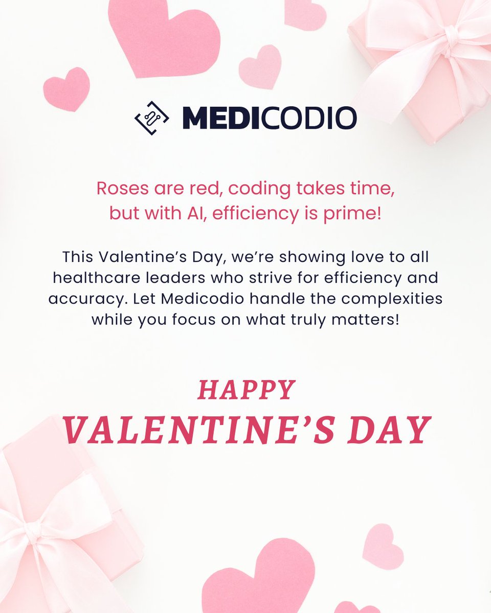 medicodio's tweet image. 💙 Spread the love with AI-powered coding! Medicodio helps healthcare organizations improve accuracy, efficiency, and revenue cycle management. Wishing you a smooth and stress-free Valentine’s Day!
#AIPoweredCoding #HealthcareInnovation #MedicalCoding #ValentinesDay 💙