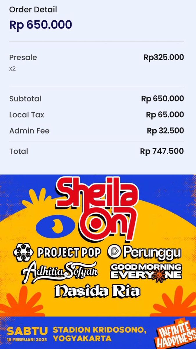 WTS
Terlanjur beli ada acara dadakan
DM aja
1 TIKET MERONA FEST JOGJA 2025
SABTU, 15 FEBRUARI 2022
STADION KRIDOSONO, YOGYAKARTA
FESTIVAL
Jualrugi
GS : SHEILA ON 7, PROJECT POP, PERUNGGU, ADHITIA SOFYAN, GOOD MORNING EVERYONE, NASIDA RIA
#WTS #MERONAFEST #SHEILAON7 #BU #zonauang