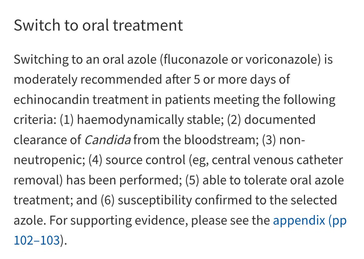 Switching to an oral azole (fluconazole or voriconazole) is moderately recommended after 5 or more days of echinocandin treatment in patients meeting the following criteria 👇 #idxposts
