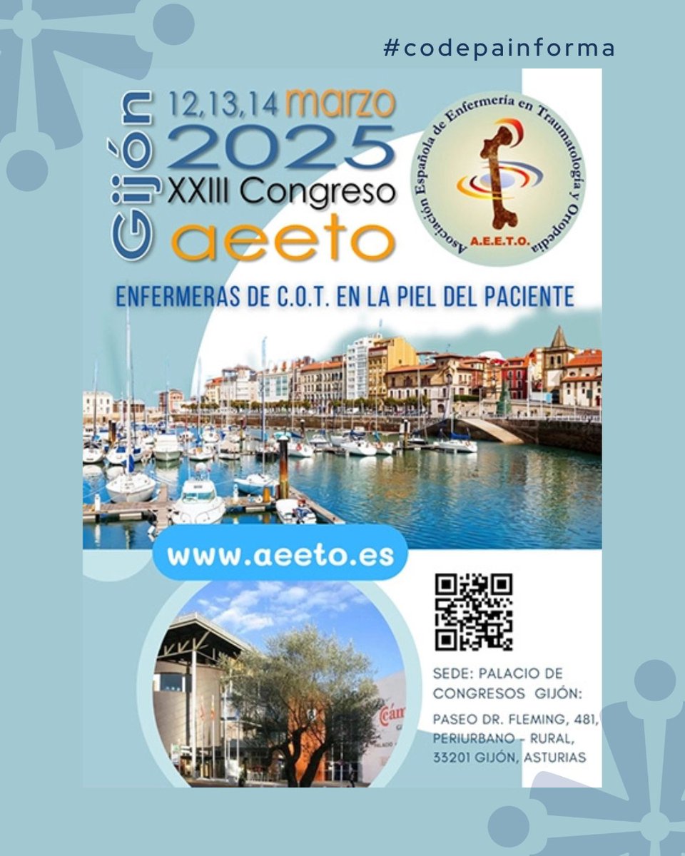 #codepainforma
XXIII Congreso Nacional de la Asociación Española de Enfermería en Traumatología y Ortopedia, el cual tendrá lugar en el Palacio de Congreso de Gijón los días 12, 13 y 14 de Marzo de 2025.

#congresoexterno